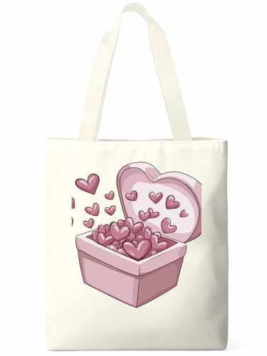 Canvas Tote Bag, Valentine's Day Aesthetic Canvas Tote Handbags for Women Shoulder Bag Pink Love Heart