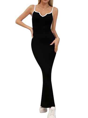 Missufe Damen Sommer Maxikleid Bodycon Freizeitkleider Spaghettiträger Ärmellos Figurbetontes Slip Kleid (Schwarz, Groß)