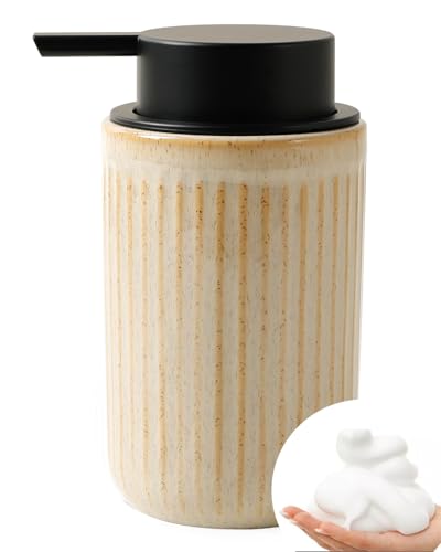 Image of BosilunLife Foam Hand Soap Dispenser - Ceramic Foaming Soap Dispenser for Bathroom 12oz Refillable Liquid Lotion Soap Dispenser with Rust-Proof Foaming Pump for Countertop, Greige