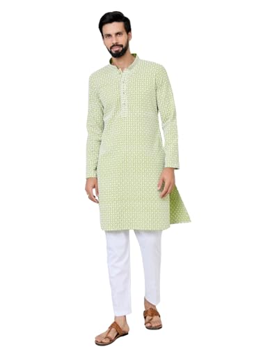 Image of See Designs Men's Full Sleeve Mandarin Collar Embroidered Thread Work Sequinned Rayon Straight Long Kurta - Festive Collection