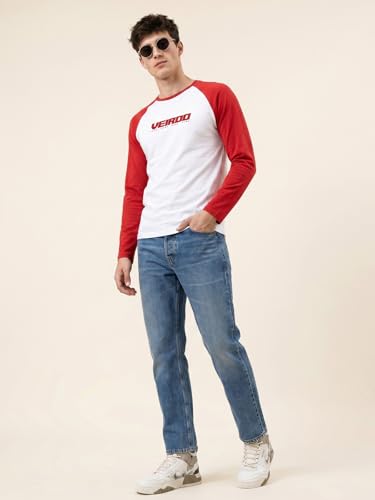Image of Veirdo Pure Cotton Regular Fit Round Neck Front Chest Typographic Logo Printed Raglan Full Sleeve T-Shirt for Men (Colors: Green, Brown & Maroon)