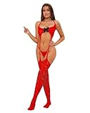 QOXNORC Women's Sexy Lingerie 3 Piece Lingerie Set with Garter Belt Stockings and Panty, Lace Crotchless Teddy Bodysuit Lingerie, Red, One Size