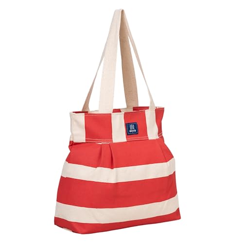 Image of AQVA Striped Cotton Canvas Shoulder Tote Bag for Women with Sturdy Strap Multipurpose Handbag with Zip Closure for Travelling, Shopping and Work
