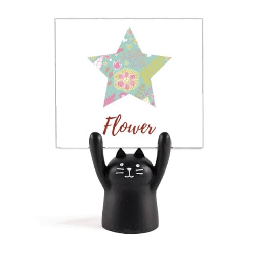 Porte-mémo chat noir fleur verte : pince notes de bureau et support photo original