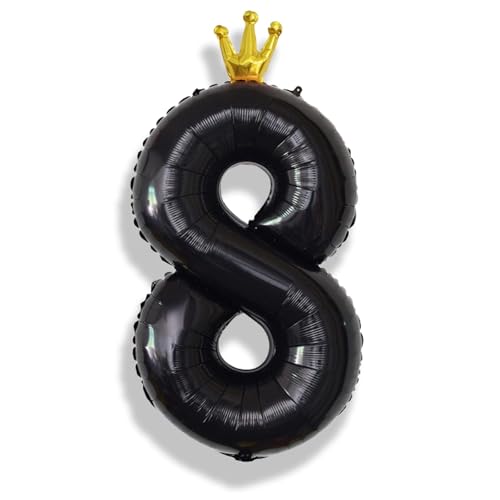 Image of 40 Inch Black Number Balloons, Big Crown Foil Number 8 Balloons for Kids 8th Birthday, Self Inflating Balloon Decorations 0-9 Set for Girls Boys Birthday Party Decoration Anniversary Party Supplies