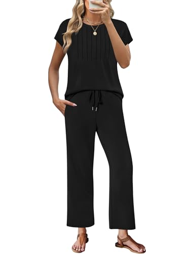 Image of Sampeel Two Piece Sets for Women Summer Vacation Outfits Cap Sleeve Tops Lounge Matching Sets Women Clothing