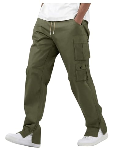 OYOANGLE Men's Drawstring Waist Flap Pocket Slit Hem Cargo Pants Outdoor Casual Trousers - Main Image