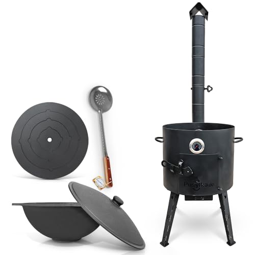 Utschak Uchag - Hornillo de fuego (40 cm de diámetro, 2 mm, acero Kazan, 12 L, base plana con termómetro, espumadera para Plov Учак Учаг Uchag Asia (Set 505)