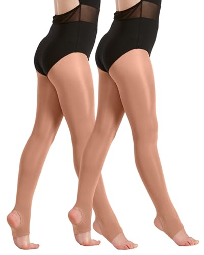 2 pares de medias de baile con estribos brillantes de 60 denier, listas para el rendimiento, multipack para niñas, niños, adultos y mujeres, en tostado y tostado claro, Brindis, L