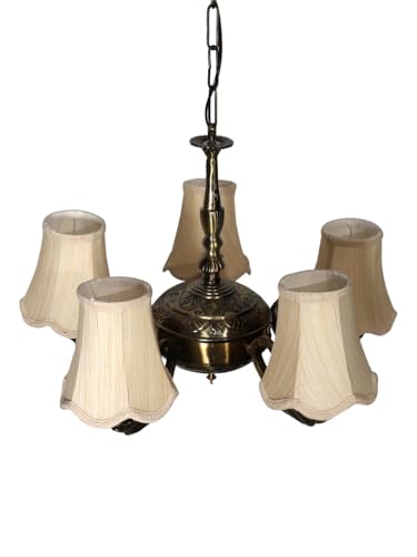 Image of Devansh 05-Light Conical Off-White Cotton Shade Chandelier - Antique Golden Finish | Adjustable Cord | Warm Glow Lamp - Ceiling Light for Living Room, Dining Area, Bedroom & Entryway Decor - D12