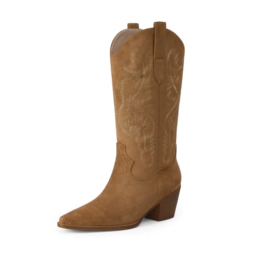 iiimmu Cowgirl Boots Women Mid Calf Pointed Toe and Block Heel Cowboy Suede Boots with Embroidered, Light Brown, Size 8