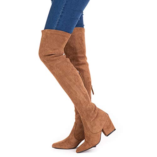 Mtzyoa Over The Knee Boots For Women Thigh High Block Heel Brown Chunky Pointed Toe Stretch Above Knee High Size 9 #TOP4