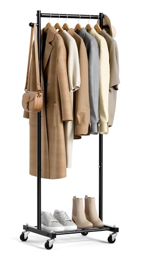 MISSLO Small Clothes Racks for Hanging Clothes Clothing Rack with Wheels 60' Metal Garment Rack with Shelves Portable Rolling Wardrobe Rack for Small Space, Black