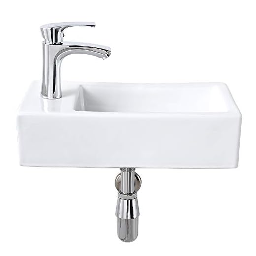 Bokaiya Small Corner Wall Mount Bathroom Vessel Sink Rectangle White Porcelain Ceramic Small Space Cloakroom Mini Vanity Bathroom Sink and Faucet Combo, Left Hand