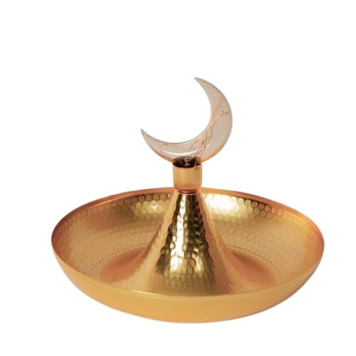 HOME PARADISEDecorative Ramadan Moon Plate with Light, Festive and Traditional Touch Golden Tray, Unique Eid Crescent Plate Design, Antique and Decorative Ramadan Tray, Best Occasions Serving Tray\