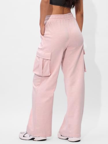 Image of The Souled Store Wide Leg Joggers: Blush Pink Women and Girls Pull On Cotton Blend Flared Joggers