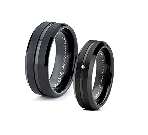 Personalized Lined Black Tungsten Ring Set Custom Engraved Free In Any Language - Wedding Bands - Couple's Ring Set - Ships from USA4
