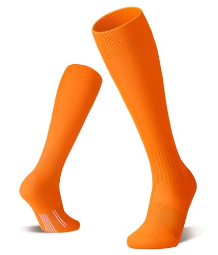 FITRELL 2/3 Pack Soccer Socks Baseball Softball For Youth Kids Boys Girls Over-The-Calf Football Socks for Adult Men Women Orange Small