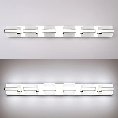 Image of SOLFART 6 Lights Chrome Bathroom Light Over Mirror Modern Vanity Light Fixtures Bathroom Lighting Fixtures 41 inch White Light Non Dimmable