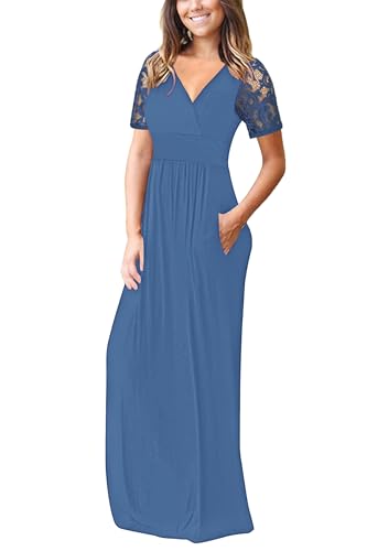 Image of AUSELILY Maxi Dresses for Women Summer Lace Short Sleeve V Neck Wrap Dress | Lace Short Sleeve, Two Pockets, V-Neck Wrap Waist Long Dress