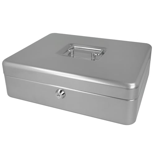 Westcott Geldkassette abschließbar (groß, 30 cm) Silber | Abschließbare Box aus Stahlblech mit 2 Schlüsseln | Herausnehmbare Einlage für Münzen mit 5 Fächern | E-51002 SILVER