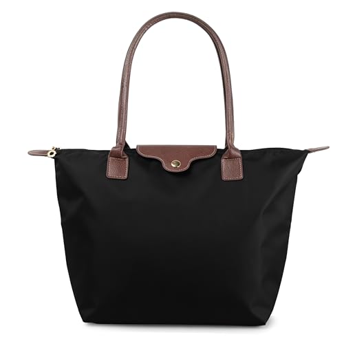 ZhengYue Nylon Tote Bags for Women with Zip Large Waterproof Foldable Womens Top Handle Shoulder Bag Ladies Handbags for Work Travel School Shopping beach Black M