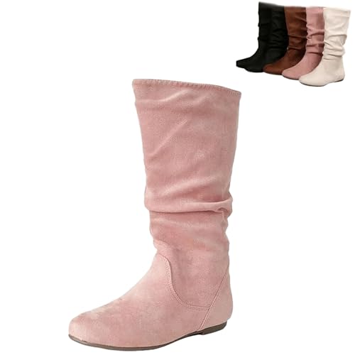 Women Round Toe Slouch Vegan Comfy Flat Mid Calf Tall Faux Suede Leather Boots Slouchy Pull on Round Toe Knight Riding Shoes (Pi