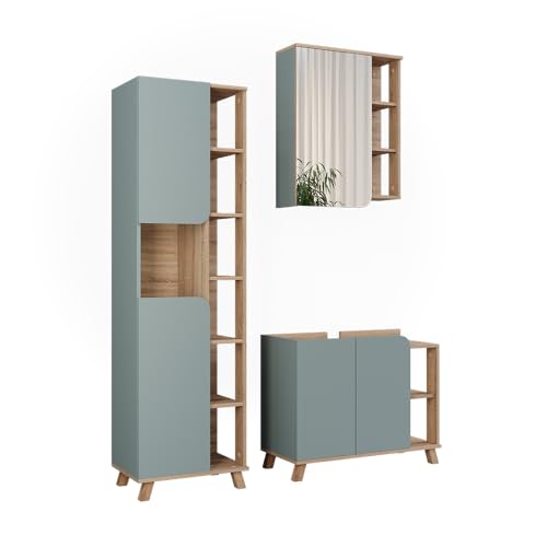 Vicco Badmöbel-Set Sonoma/Blau Karen, bestehend aus Bad Spiegelschrank, Waschbeckenunterschrank, Hochschrank - Offene und geschlossene Fächer für Flexible Aufbewahrung Vicco Badmöbel-Set Sonoma/Blau Karen, bestehend aus Bad Spiegelschrank, Waschbeckenunterschrank, Hochschrank - Offene und geschlossene Fächer für Flexible Aufbewahrung