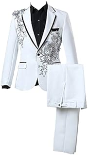Mens 2 Pieces Luxury Embroidered Suits 1 Button Print Dinner Tuxedo Jacket Pants Prom Wedding Elegant Blazer Dress Suit (White,Medium)
