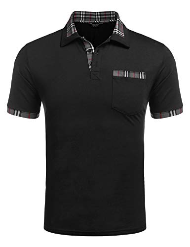 COOFANDY Men's Regular Fit Plaid Collar Casual Short Sleeve Polo Shirt with Pocket Black