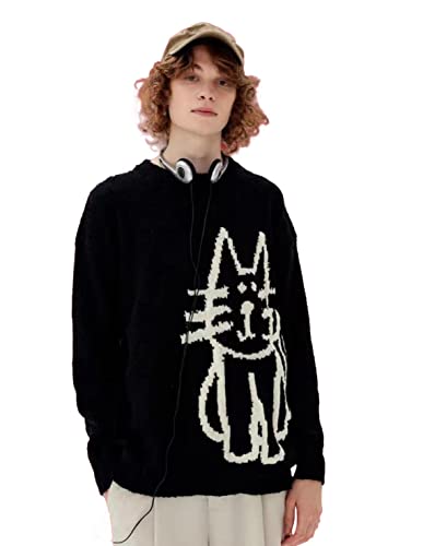 Aelfric Eden Women's Pullover Sweater Hand Drawn Cat Graphic Printed Oversized Sweater Fall Winter Fashion Couple Tops Black X-Large - image 2