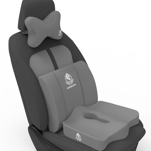 Image of MRRON Memory Foam Car Seat Cushion Combo - Backrest, Coccyx Cushion & Neckrest - Orthopedic Support for Back, Sciatica & Neck Pain - Ergonomic Comfort for Car, Office. (Grey, Lumbar)