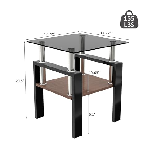 Image of Meihua Glass End Table, Square Glass Side Table, 2-Tier Modern Nightstand with Metal Legs for Living Room&Bedroom (Grey+Brown, Set of 2)