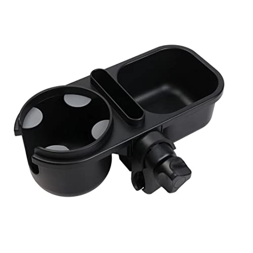 Image of JASMARAZZRE Stroller Cup Holder Universal 3-in-1 Organizer: Adjustable for Bikes, Walkers, Wheelchairs, Shopping Carts, Double Strollers & More – Features Snack Tray, Phone Slot, and Rotatable Clip.