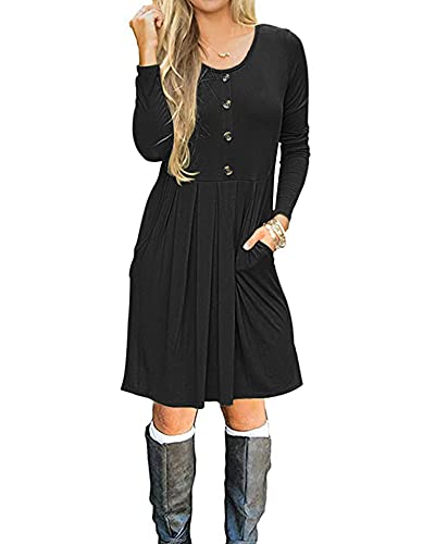 AUSELILY Robe Décontractée Plissée à Manches Longues pour Femmes avec Poches Au Genou(M,Noir) Cover