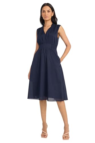 Maggy London Women's Semi Sheer Overlay Empire Waist Midi-Pleated V Neck Sleeveless-Wedding Guest Dress