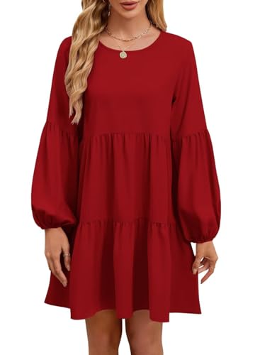 Image of QACOHU Falll Dresses for Women 2026 Crew Neck Long Lantern Sleeve Casual Loose Flowy Swing Shift Dress