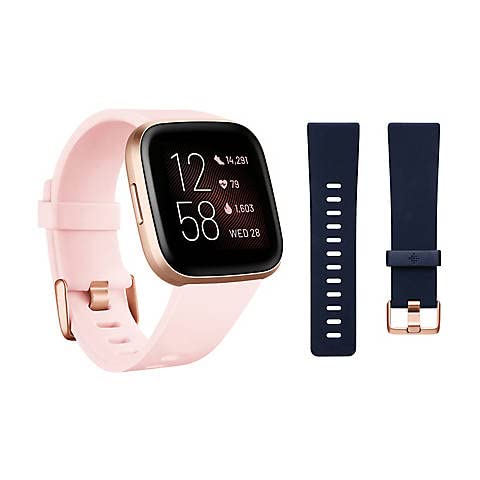 Fitbit Versa 2 Smartwatch Bundle with Small and Large Bands - Petal (Renewed)