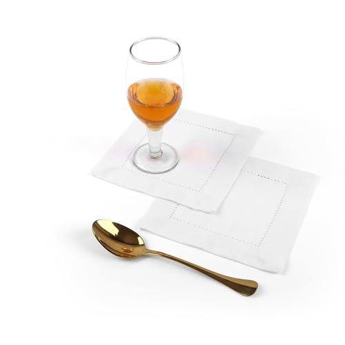 Image of Fingercraft Cotton Cocktail Napkins 6x6 Inches - Set of 12 Reusable Cloth Beverage Coasters with Elegant Ladder Hemstitch - Perfect for Parties, Bars & Home Use (White Slub)