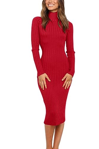 Image of MEROKEETY Women's Long Sleeve Sweater Dress 2025 High Neck Slim Fit Ribbed Knit Midi Winter Dresses, Red, XL