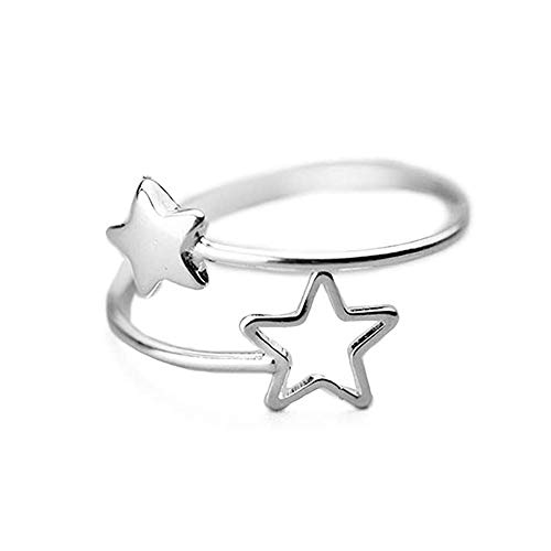 Anillo abierto de doble estrella para mujeres adolescentes y niñas de plata de ley S925 delicados y ajustables, pequeños anillos de dedo, joyas para regalos de cumpleaños de la hija de BFF