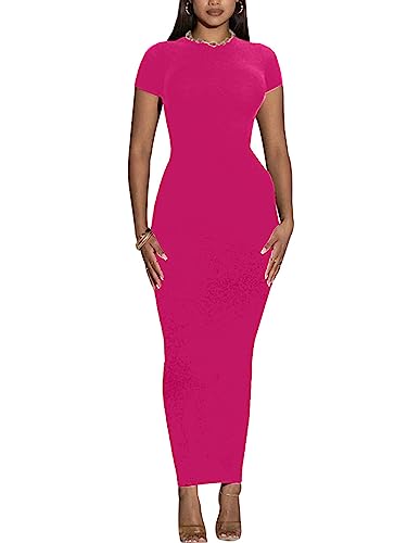 Image of Women's Long Bodycon Dresses Leopard Print Casual Maxi Club Party Tight Dress Short Sleeve