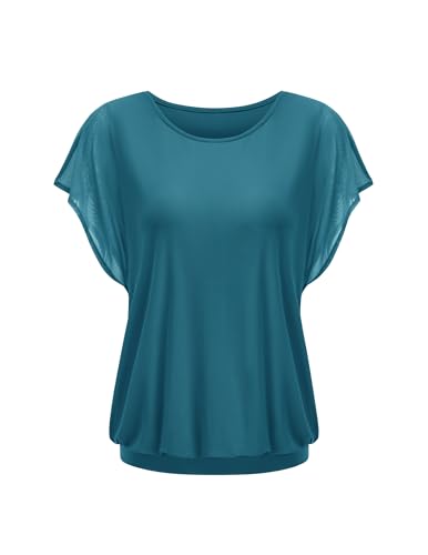Hotouch Blusa elegante de verano para mujer, informal, de malla, manga de murciélago, cuello redondo, túnica de doble capa, verde oscuro, L