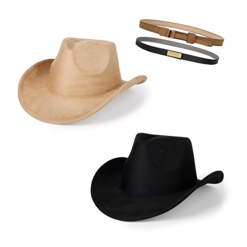 Image of 2 Pack Western Cowboy Hats for Women Men 2 Different hat Bands | Classic Felt Wide Brim Costume Cow Boy Hat Curved Brim Cowgirl Hat
