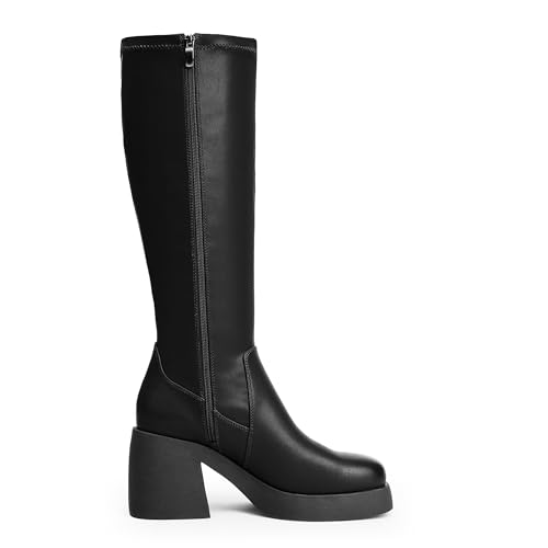 Knee High Boots Women Square Toe Elastic Boots Platform Chunky Heel Stretchy Tall Boots Side Zipper Fashion Dress Long Boots2