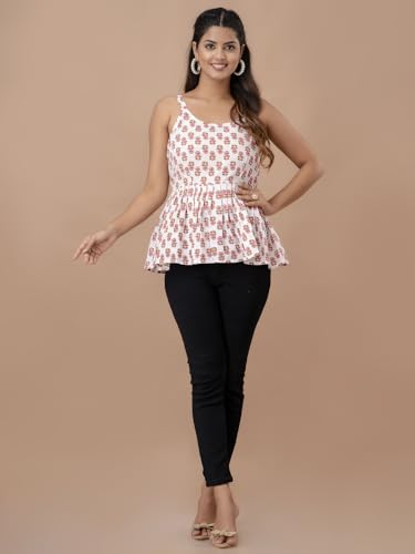 Image of feranoid Women Cotton Printed Sleeveless Strap Peplum Top