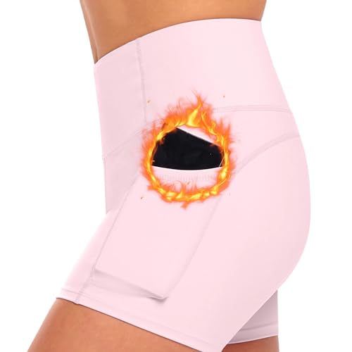 M&M SCRUBS Women's High Waist Yoga Shorts Tummy Control with Deep Pockets (Small, Pink)