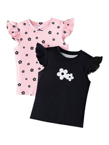 OYOANGLE Girl's 2 Pack Floral Print Ruffle Cap Sleeve Crop Top Crew Neck Crop Tee Top