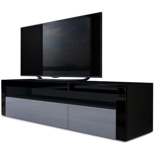 Vladon Buffet Bas Valencia, Meuble TV avec 1 Compartiment Ouvert et 2 clapets, Noir Mat/Gris Haute Brillance/Noir Haute Brillance (155 x 46 x 40 cm)