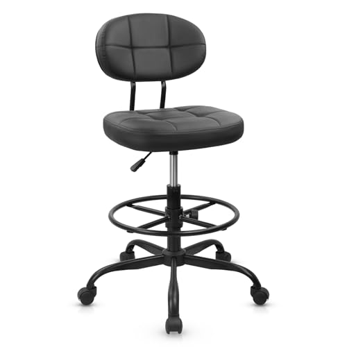 Image of KLASIKA Drafting Stool with Backrest, Tall Adjustable Height Office Chair, PU Leather Swivel Rolling Stool with Footrest & Wheels for Standing Desk, Bar, Salon, Spa, Lab, Counter, Home, Black,1PK